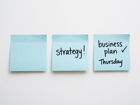Light blue sticky notes for business planning, one with 'strategy!' and another with 'business plan Thursday', on a white background, representing planning and organization.