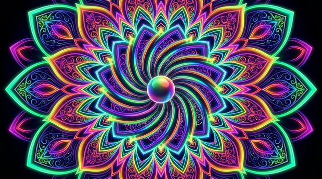 Vibrant neon floral pattern abstract mandala design for modern digital art