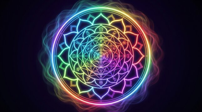 Intricate floral pattern with neon glow mystical circle design for digital art