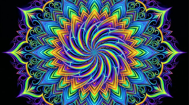 Vibrant neon mandala pattern psychedelic floral design for digital art and decor