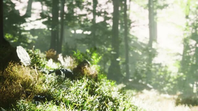 Sunlight shines through the trees in a forest. The ground is covered with green grass and plants. Nature is vibrant with the colors and textures of leaves and foliage.