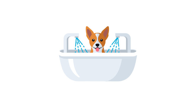 Small dog sitting in bathtub with shower spray.