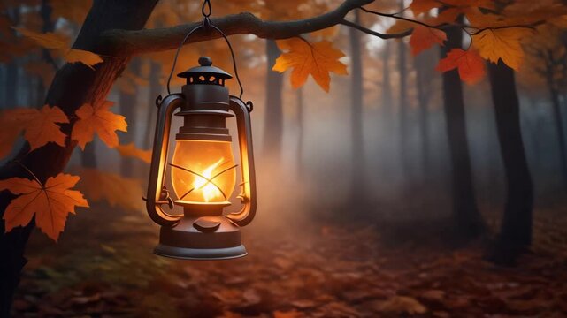 Vintage Lantern Illuminating Misty Autumn Forest Path at Dusk