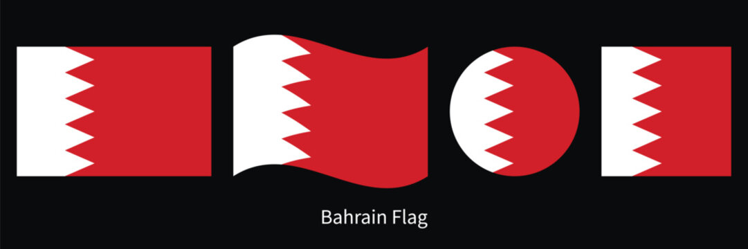 Bahrain Flag Set with Waving, Circle and Rectangle Shapes Vector Illustration