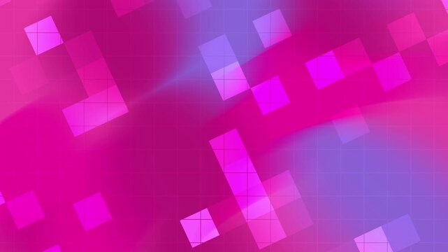 Abstract magenta squares shifting across a vibrant digital gradient
