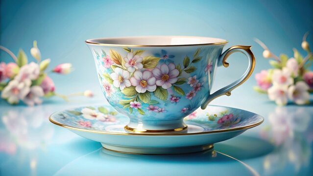 A vintage china teacup adorned with an exquisite delicate floral pattern featuring white blue and pink blossoms on light blue