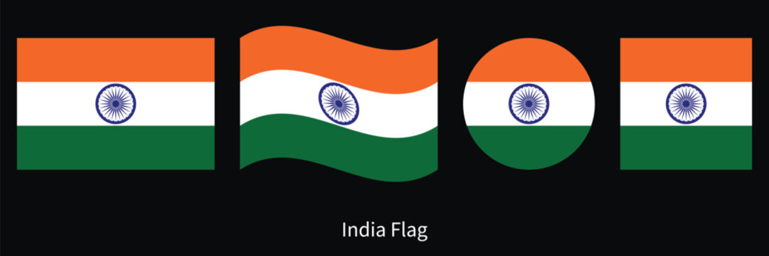 India Flag Set with Waving, Circle and Rectangle Shapes Vector Illustration