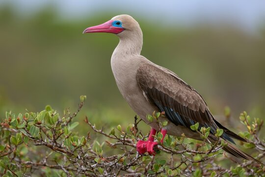 Red-footed Booby Perched on a Green Bush, Wildlife Nature Portrait