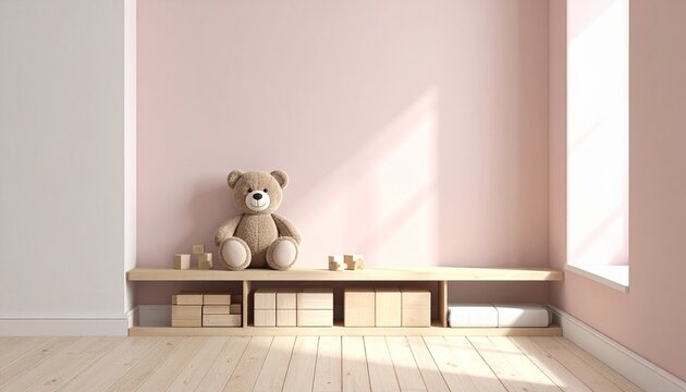 くすみピンク壁の子供部屋とクマのぬいぐるみ。ベビー用品・アパレル・知育向け背景素材