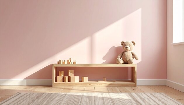 くすみピンク壁の子供部屋とクマのぬいぐるみ。ベビー用品・アパレル・知育向け背景素材