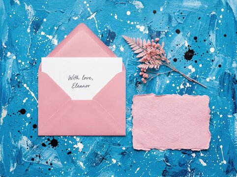 Pink envelope with handwritten note, beside blank card and dried flower, on textured blue background, for creative correspondence and personal messaging Concept