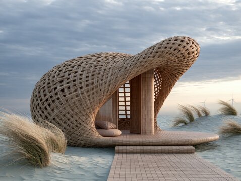 Woven beach shelter on sand, ocean view, serene, tranquil escape, unwind