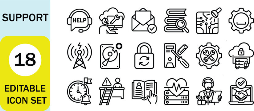 Support line style icon set. Help desk, technical support, customer service, troubleshooting, maintenance, security, documentation, assistance. Editable stroke. Vector illustration.