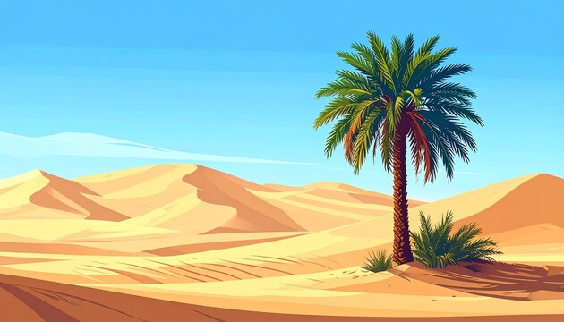 Tropical palm tree silhouetted against desert dunes at sunset.