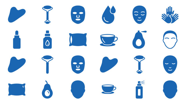 Collection of blue beauty and wellness icons including facial rollers, gua sha, masks, serum bottles, avocado, tea cups, and pillows for skincare and self care concepts