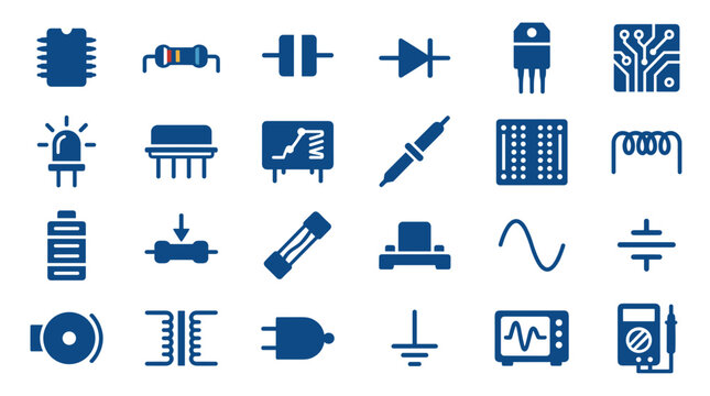 Collection of electronic components and symbols for electrical engineering and technology design, representing circuits and devices