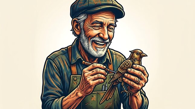 Smiling elderly craftsman working on a clockwork mechanical bird