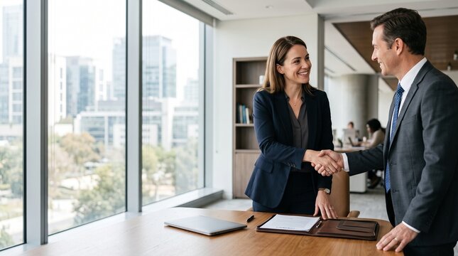 Business professionals shaking hands in a modern office with city view