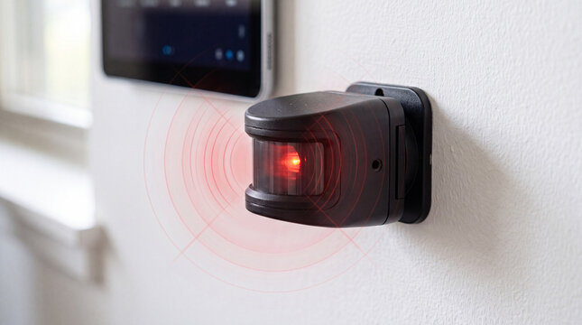 infrared motion sensor, black device, white wall, smart surveillance, detection rings, IoT security, home safety, futuristic technology, security system, sensor, automation