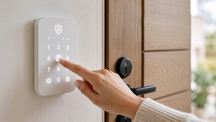 Naklejka premium Close-up of a female hand pressing a PIN code on a glowing white digital alarm keypad next to a front door