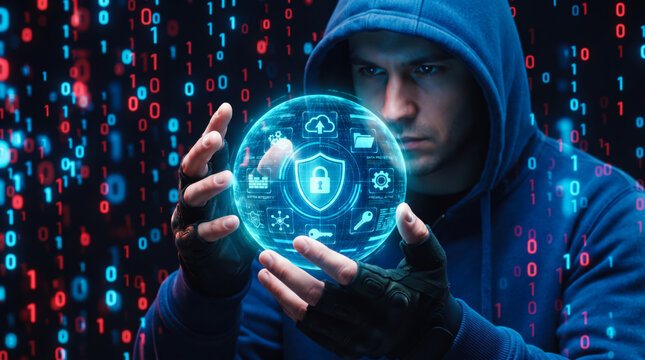 A hooded cybersecurity expert examining a glowing digital sphere with security icons amidst binary code