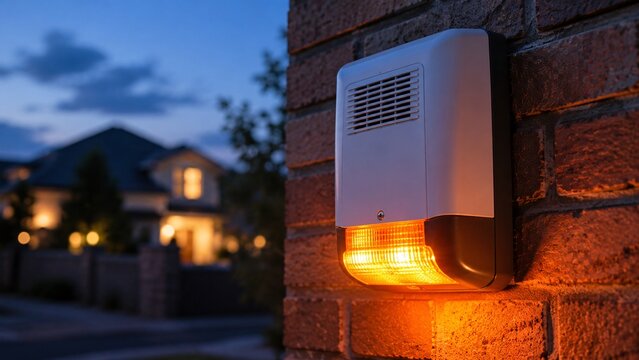 Outdoor home security siren box mounted on a brick wall, flashing a bright orange strobe light at twilight