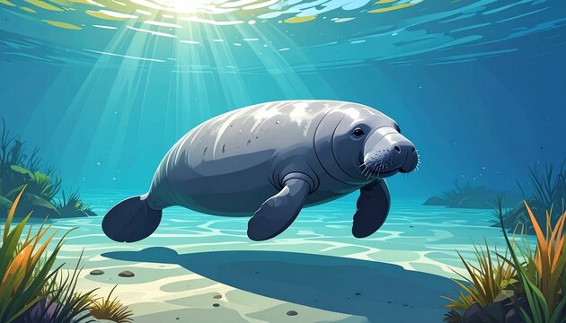 Gentle giant manatee swimming underwater in crystal clear water.