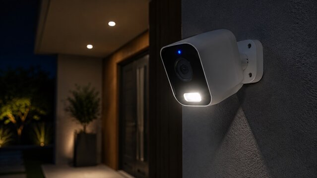 Modern outdoor surveillance security camera with a built-in LED floodlight mounted outside a home at night