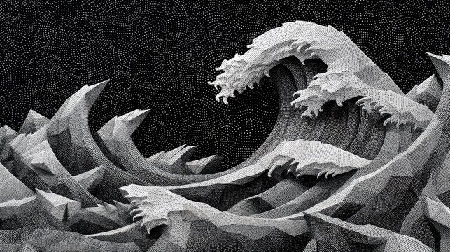Stippled monochrome crashing ocean wave illustration.