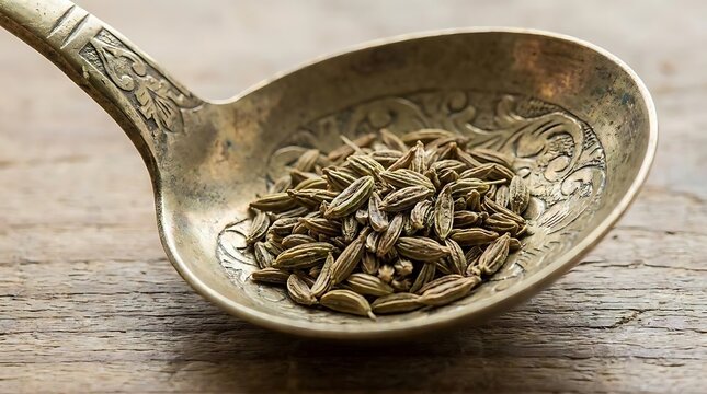 Ornate metal spoon filled with cumin seeds on wood.