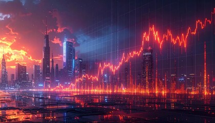 Fototapeta premium Futuristic city skyline with orange financial graph overlay.