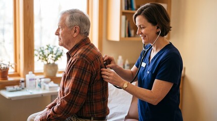 Fototapeta premium Doctor examining elderly male patient with stethoscope during medical checkup in clinic