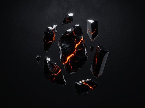 Floating Obsidian Stone Fragments with Glowing Volcanic Lava Cracks Dark Art

