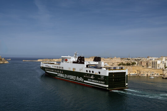 VALLETTA, MALTA - JUNE 04, 2026:  the Eco Napoli RoRo ferry ship of the Grimaldi Group line