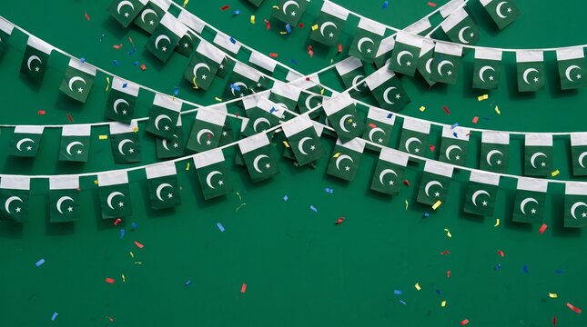 Pakistan Independence Day Bunting Flags on Green Background with Confetti 14 August Celebration