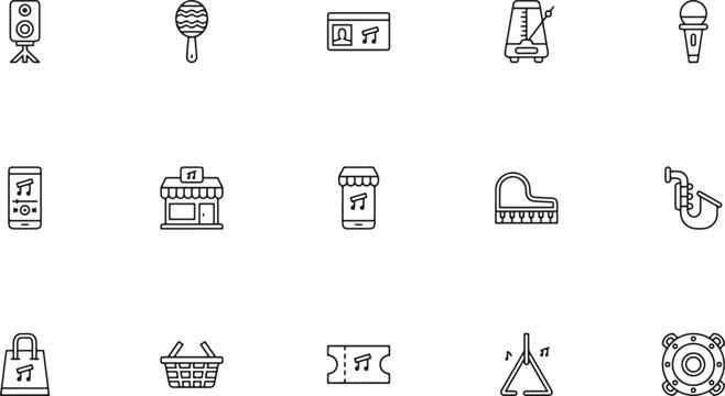 Digital music and instrument outline icon set featuring rhythm metronomes grand pianos local record stores mobile audio apps and maracas vector graphic art