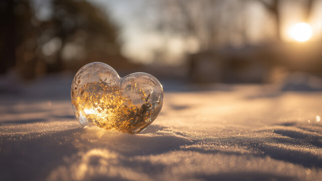 A glass heart semi frosted, sits in snow at a low angle. the heart glitters with reflected light, showing a bright golden spot. a large, blurred golden light source is in the upper righ. Ai generated