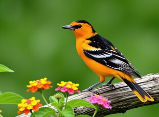 Fototapeta premium Bright orange and black bird sits on dead tree limb near colorful lantana flowers. It has black head and tail feathers with white wing stripes. Background is soft green.
