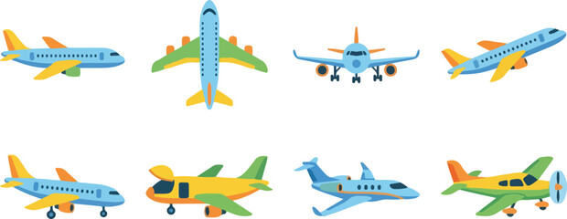 Colorful airplane vector set featuring modern jets, cargo planes, private aircraft, and vintage biplane illustrations for aviation design projects © MD FAJLUL
