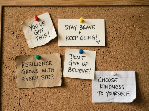 Motivational sticky notes with positive affirmations on a corkboard, inspiring resilience and self-care concept.