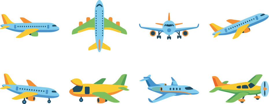 Colorful airplane vector set featuring modern jets, cargo planes, private aircraft, and vintage biplane illustrations for aviation design projects