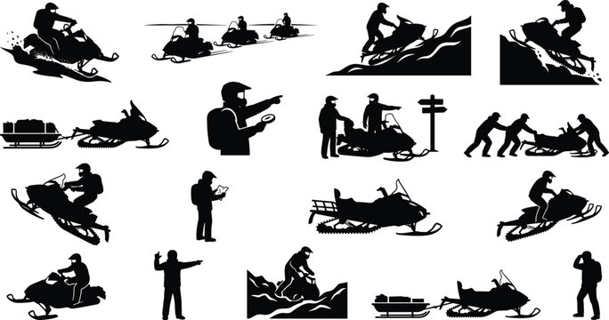 Black silhouettes of people riding snowmobiles and engaging in winter activities