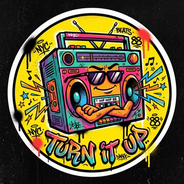 Hip Hop Boombox Sticker with Sound Waves and Turn It Up Text, 80s Graffiti Street Art Illustration