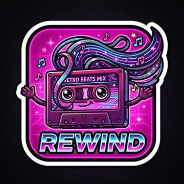 Retro 80s Synthwave Cassette Tape Character Sticker with Rewind Text, Neon Nostalgic Illustration