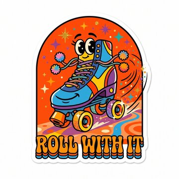 Retro 70s Roller Skate Character Sticker with Disco Sparkles and Roll With It Text, Groovy Illustration