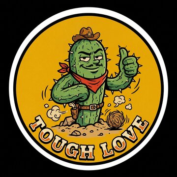 Retro 70s Western Cactus Character Sticker with Cowboy Hat and Tough Love Text, Desert Comic Illustration