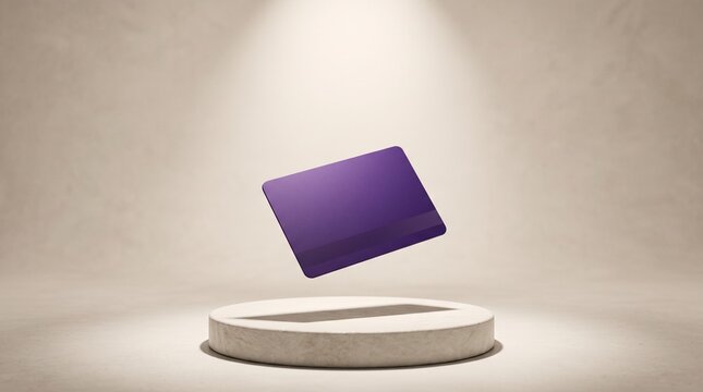 Purple Credit Card Floating Above Circular Podium with Spotlight, Minimalist Fintech Product 3D Render