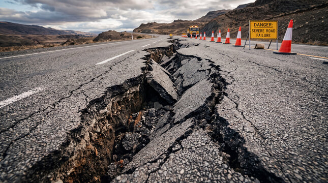 Road failure cracked asphalt highway sinkhole road damage road crack broken pavement danger sign