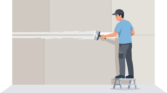 Construction worker applying joint compound to drywall seam on a wall, home renovation and repair concept.
