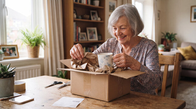 Elderly woman opening parcel at home, smiling with mug in box